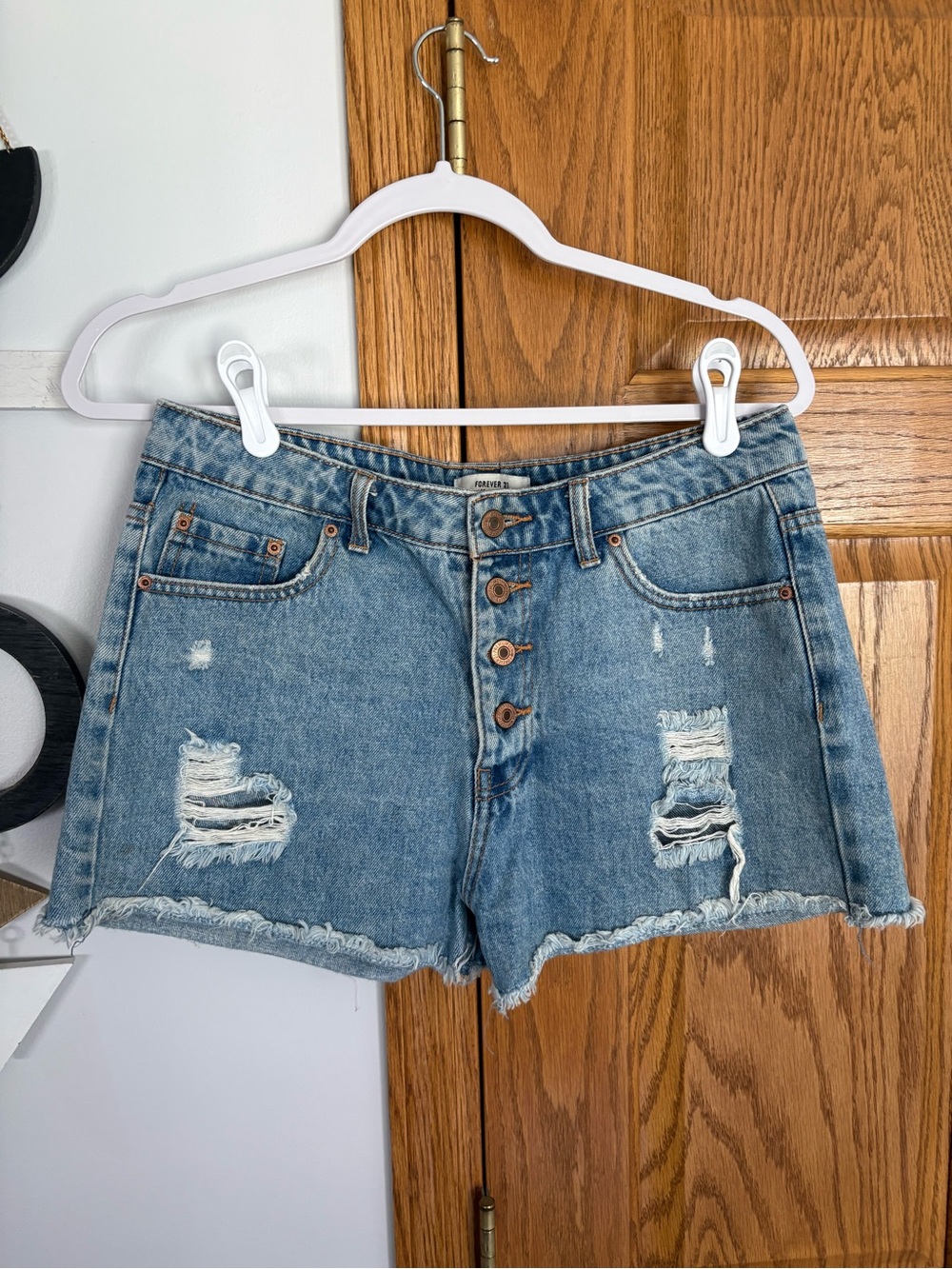 Forever 21 Distressed High-Rise Denim Shorts - Light Blue